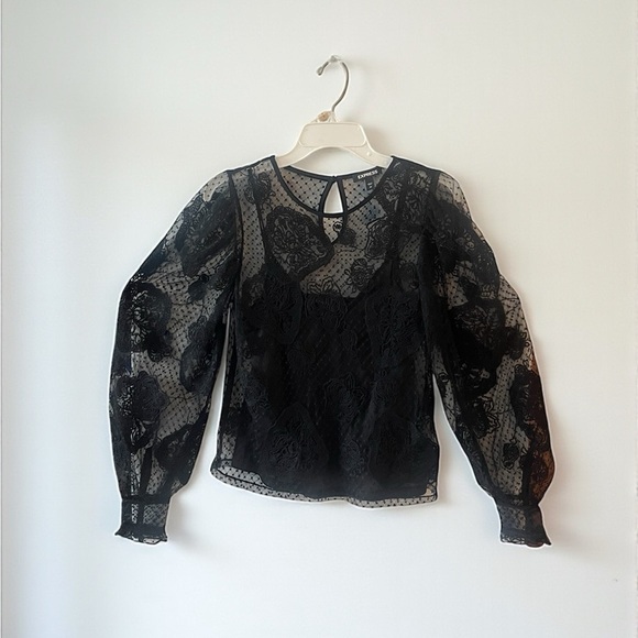 Express Tops - Express Lace Sheer Embroidered Blouse XS Black Long Sleeve Dressy Top